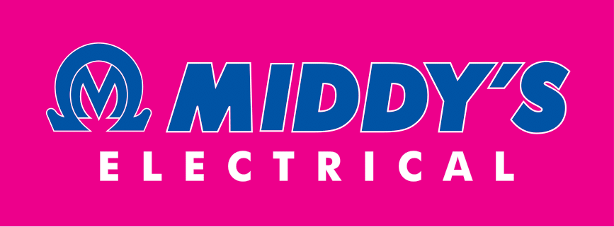 Middy's Electrical Logo. Pink background blue font.