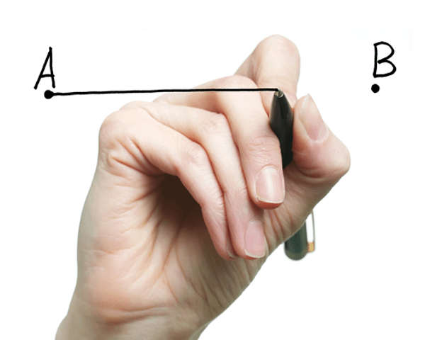 Hand holding pen, connecting Dot A to Dot B