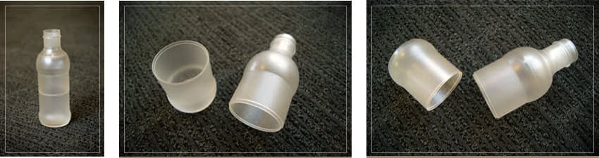 A series of three images, all showing custom bottles made with plastic fabrication