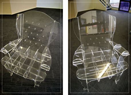 Two images of the same acrylic made custom chair. Shown from different angles.