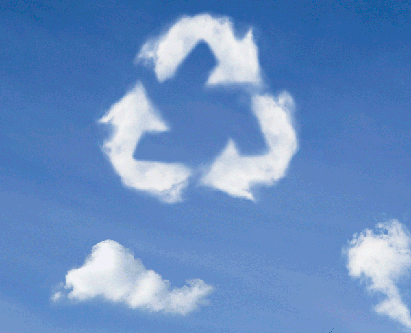 Clear blue skies with clouds. Three clouds pointing to reach other in a triangle of arrows