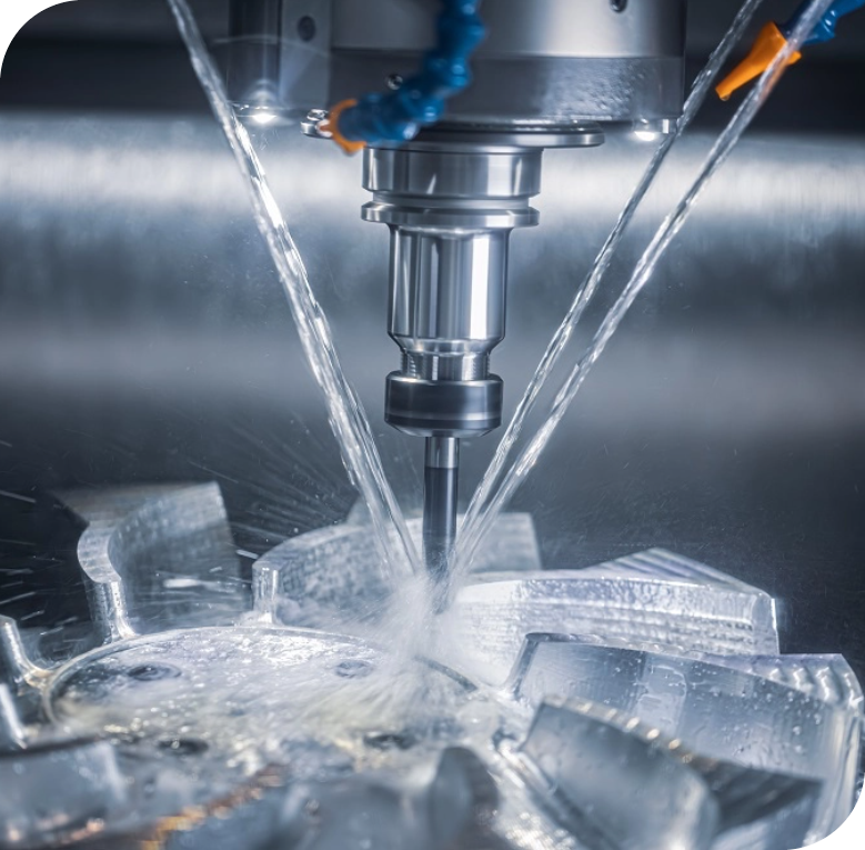 Grey industrial drill cutting into a clear plastic and shattering it into several different pieces.